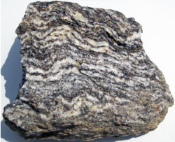Image of a Gneiss metamorphic-foliated rock with distinctive stripes of black and white quartz mineral grains