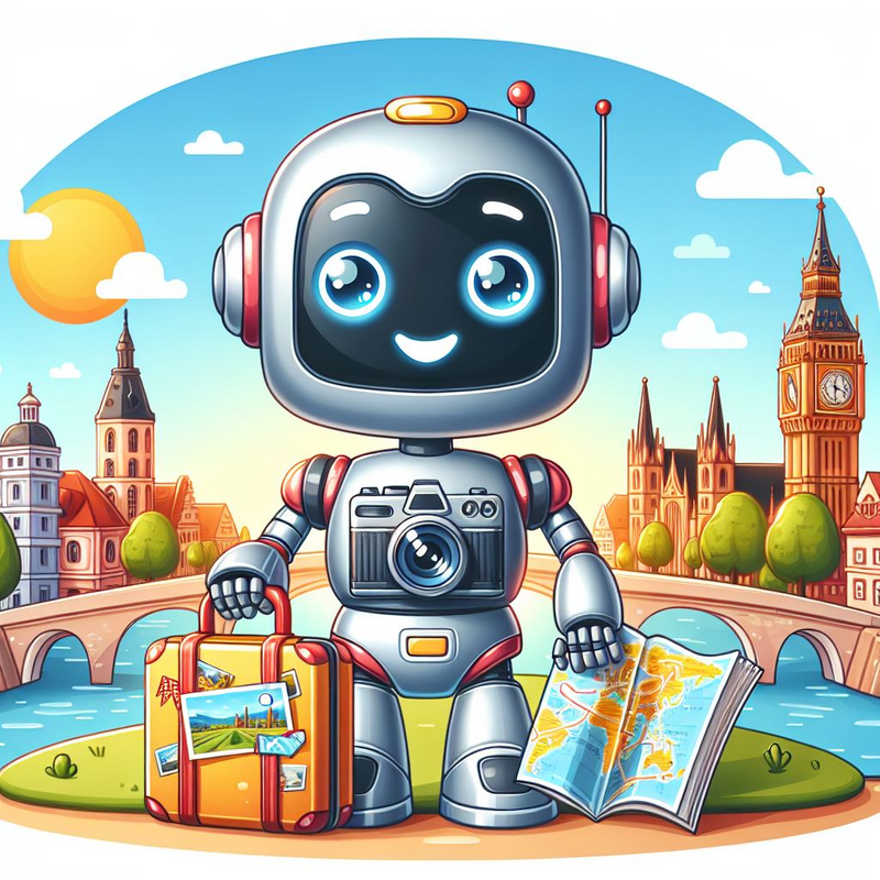 An AI-generated image of a smiling robot travel guide. It holds a suitcase and map in front of a world tourist site collage.