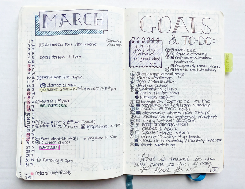 A bullet journal book opened to two pages: one is a planner for the month of March, the other a to-do list