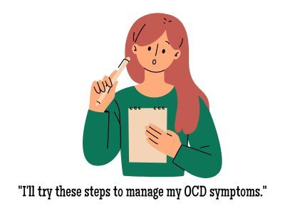 Ronnie looks at a list on a piece of paper and says, 'I'll try these steps to manage my OCD symptoms.'