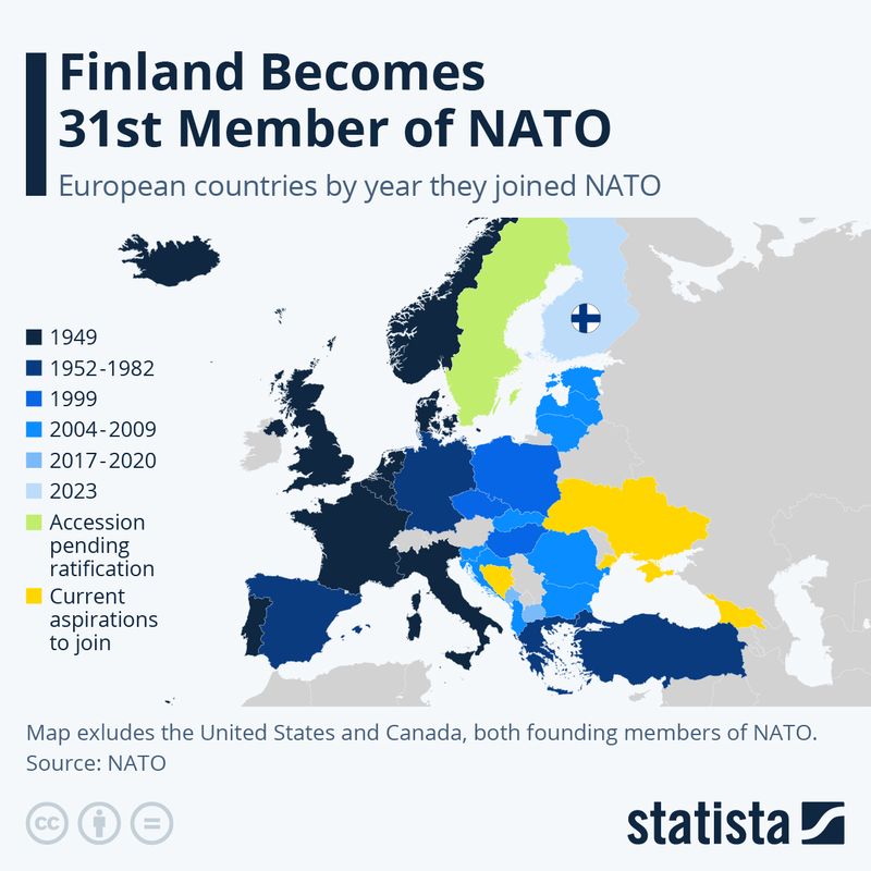 A map depicting NATO members states and their entries to NATO from 1949 until the present.