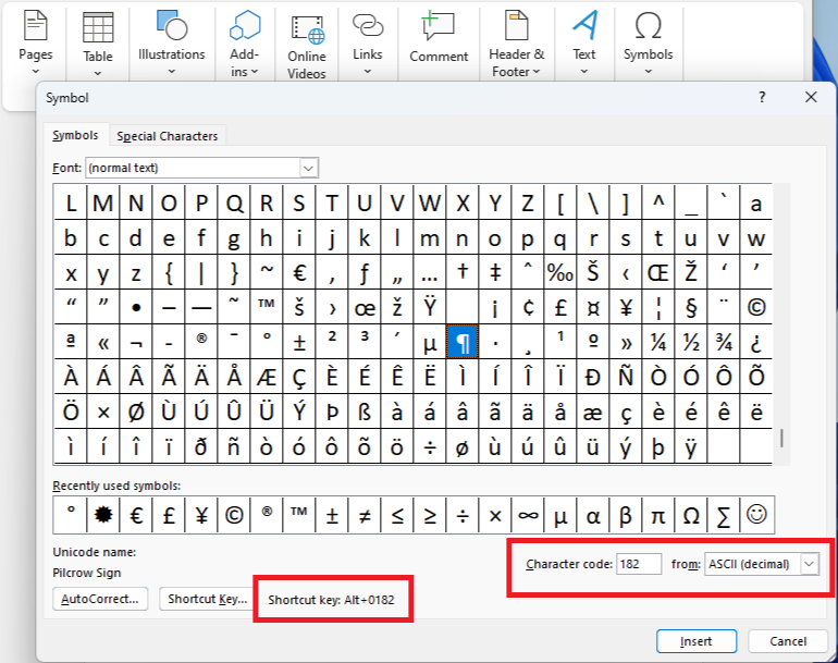 In a document, a pop-up window of Symbols is open. A symbol is highlighted in blue. Shortcut key & ASCII code are highlighted