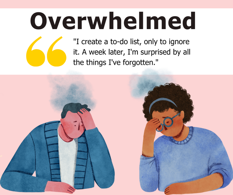 Two overwhelmed people. One says, 'I create a to-do list, only to ignore it. A week later, I've forgotten a lot of it.'