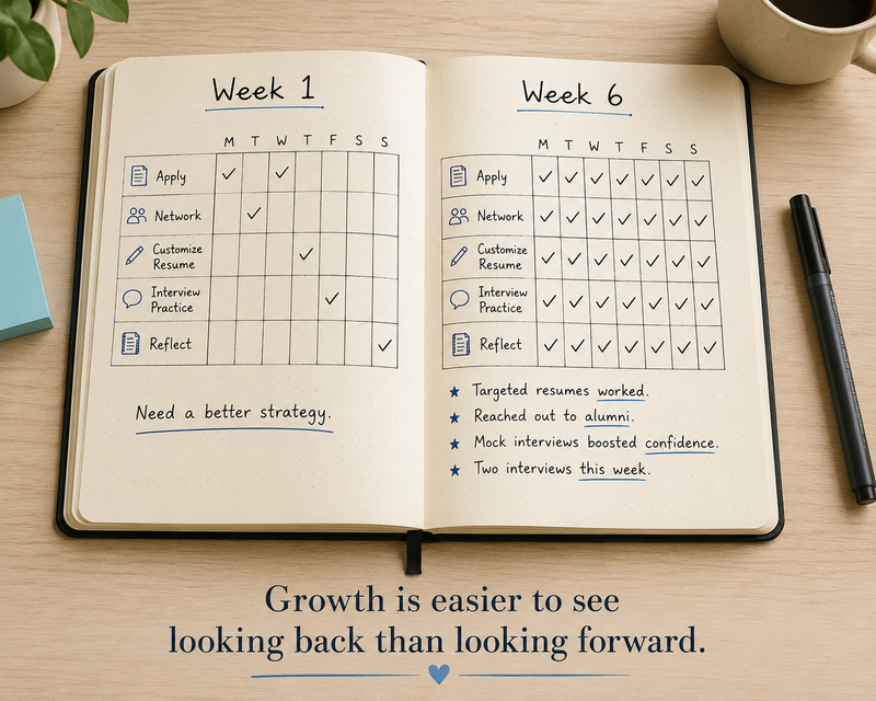 An open bullet journal compares Week 1 and Week 6 job search habit trackers, showing increased consistency and progress.