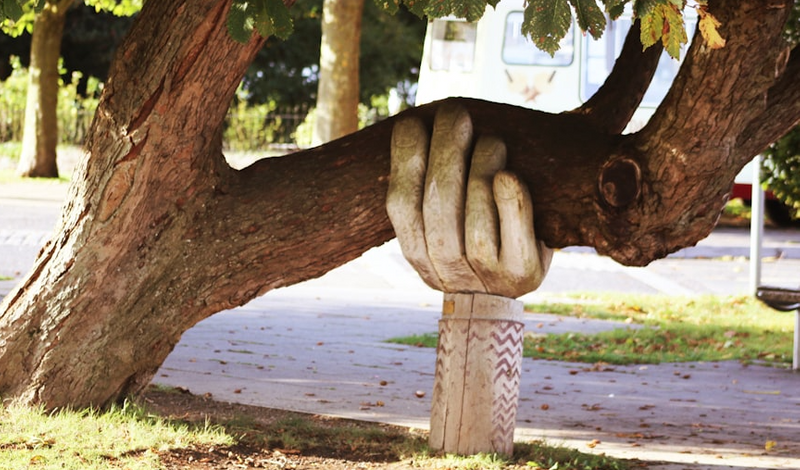 A hand sculpture holding up a large tree limb.