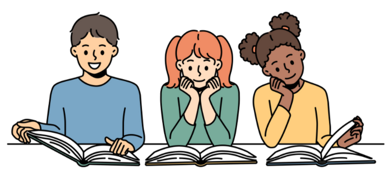A graphic illustration of 3 people at a table, each of whom is reading a book.