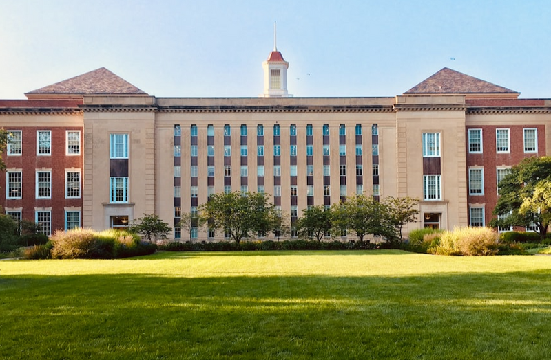 The front of a university library building.