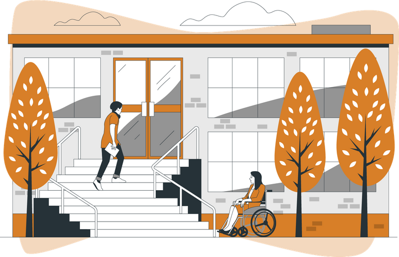 A feminine-presenting person of in a wheel chair is at the front door of a building with stairs and no accessible ramp.