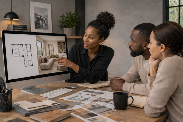 An architect explaining a floor plan and living room design on a computer screen to two clients.
