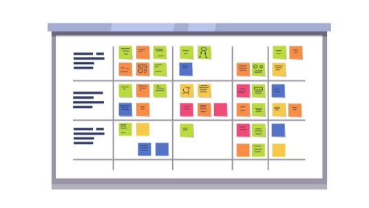 Illustration of a whiteboard displaying post-It notes of different types of tasks 