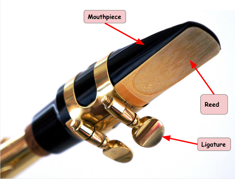 Image of a mouthpiece, reed, and ligature.