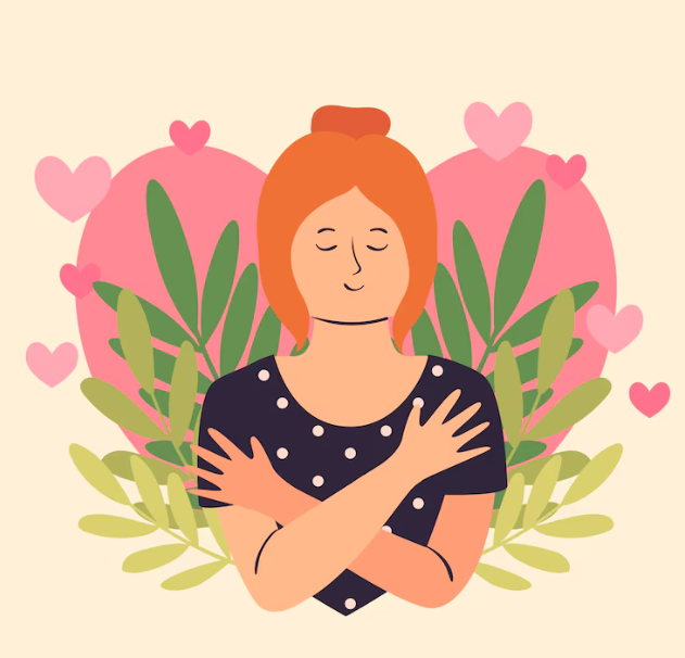 An illustration of a woman hugging herself in front of a floral, heart-shaped design.