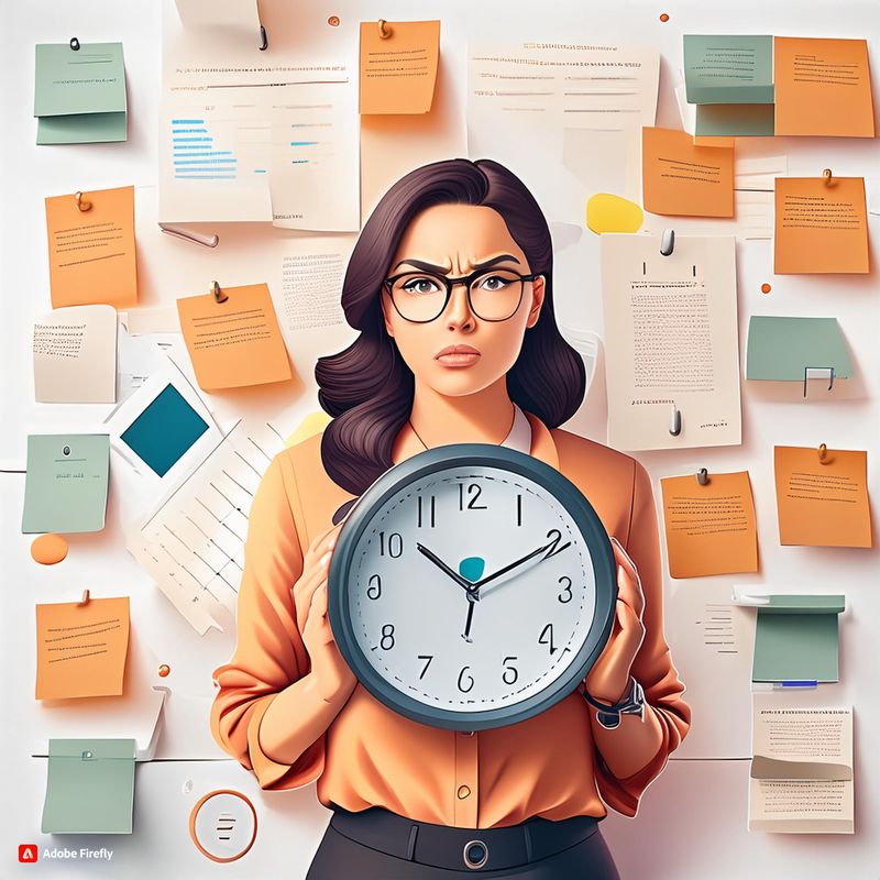 A businesswoman stands in front of a wall of notes that show her many deadlines and responsibilities. She holds a clock.