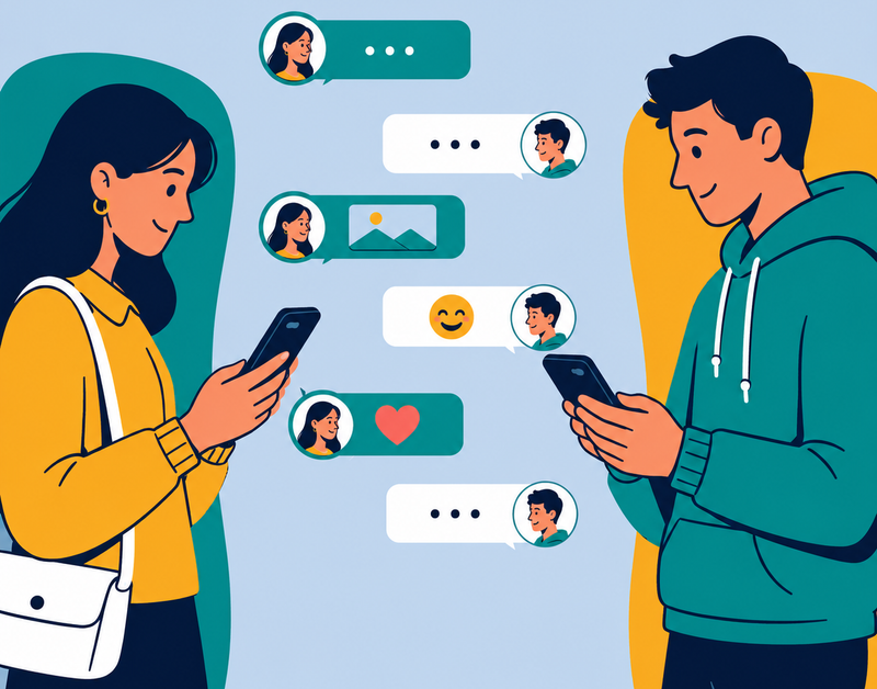 A man and woman texting each other, exchanging messages, photos, and emoji reactions.