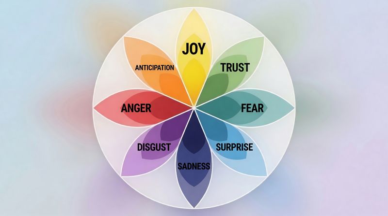 A colorful emotion wheel with eight petals labeled Joy, Trust, Fear, Surprise, Sadness, Disgust, Anger, and Anticipation.