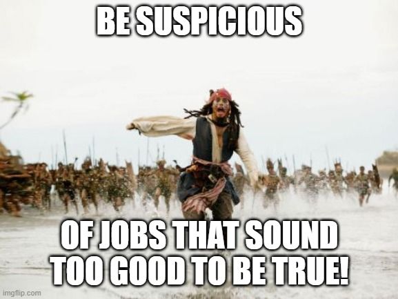 A pirate running away from a group of soldiers. The text reads, 'Be suspicious of jobs that sound too good to be true.
