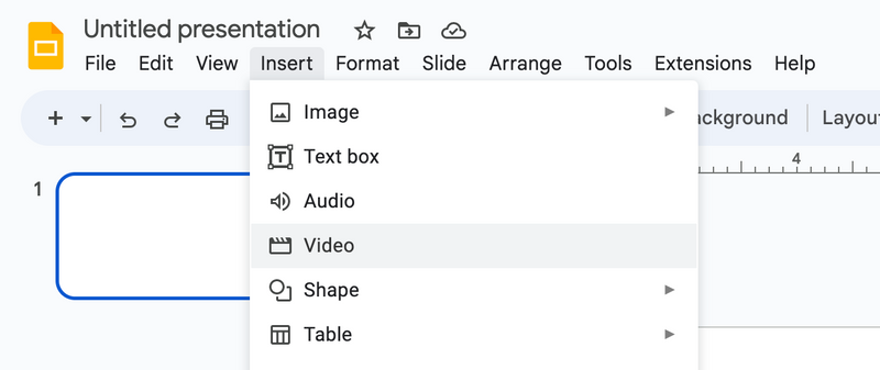 A screenshot of Google Slides toolbar with 'Insert' and 'Video' selected.