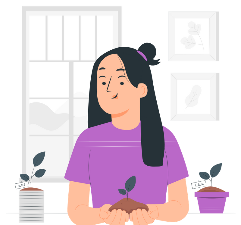 Illustration of a girl holding a plant.