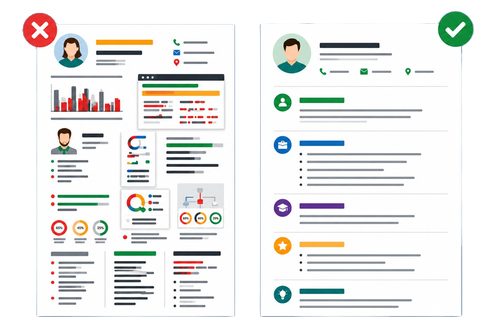 A cluttered resume with charts, graphics, icons is shown beside a clean resume with clear sections and simple formatting.