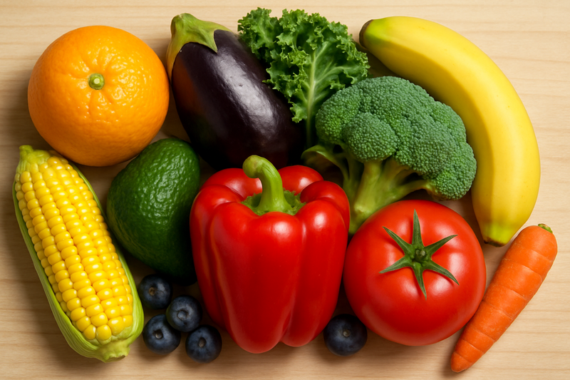A variety of colorful fruits and vegetables.