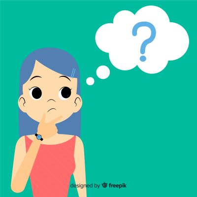 Illustration of a female with a thoughtful facial expression, one hand to her chin with a thought bubble alongside