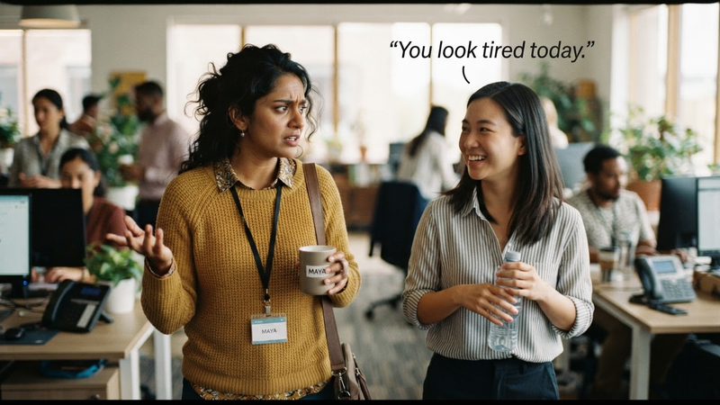 Maya, the woman on the left, looks frustrated as a smiling coworker says, “You look tired today.”