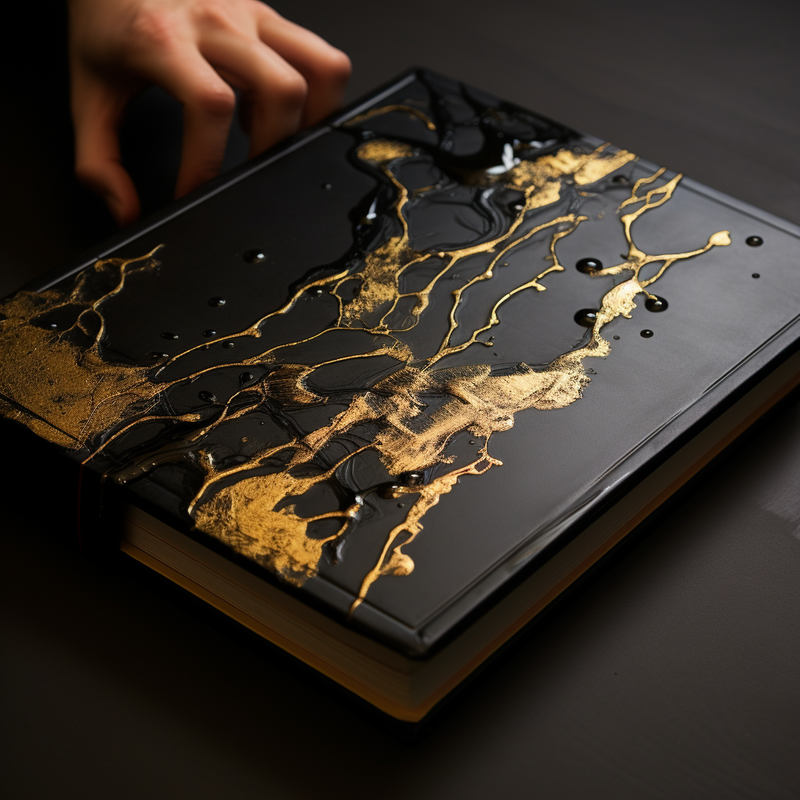 kintsugi book, black with gold threads - via midjourney and author (DG)