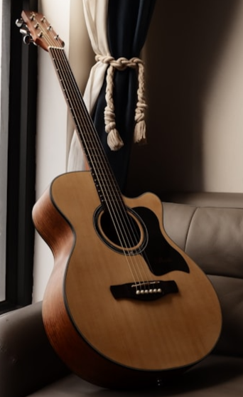 basic acoustic guitar leaning on window