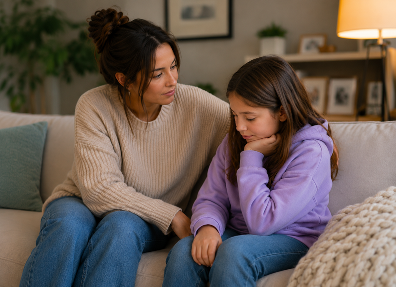 A young woman sits quietly beside a thoughtful young girl on a couch, offering comfort without speaking.