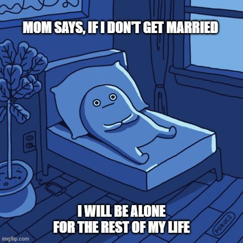 A cartoon character lies in bed. The text reads: 