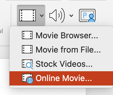 Screenshot of Powerpoint Toolbar with 'Video' selected and dropdown menu.