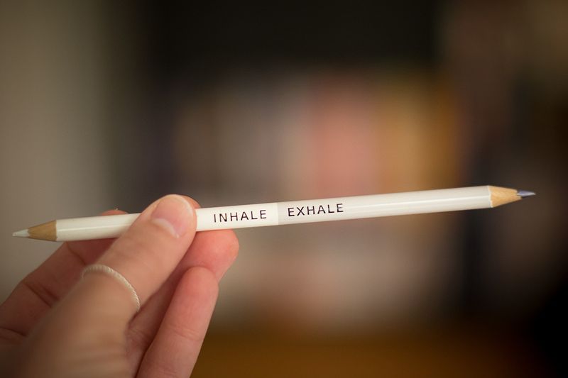 A hand holding a white pencil that is sharpened on both sides. Text on the pencil reads, 