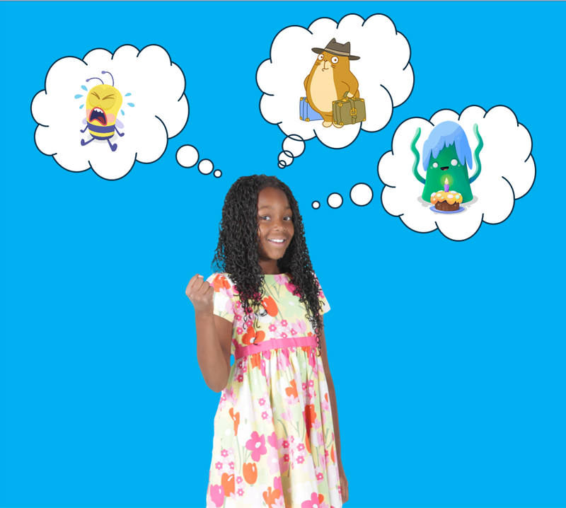 Girl with thought balloons showing three different characters, a bee, a cat with a suitcase, and an alien.