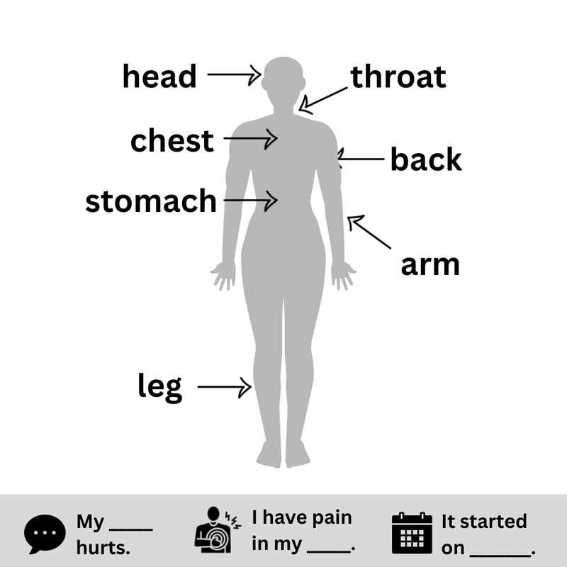 Body diagram labels head, throat, chest, stomach, back, arm, and leg, with sentence starters for symptoms.