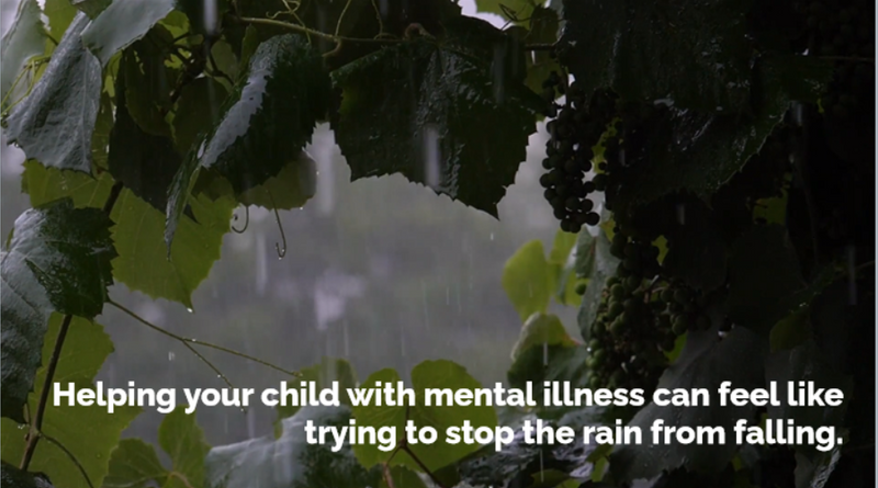 Photo background with rain. Text: Helping your child with mental illness can feel like trying to stop the rain from falling.