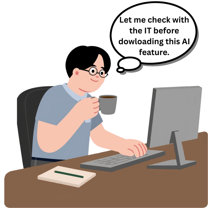 A man is at work, considering consulting with the IT department before downloading an AI feature.