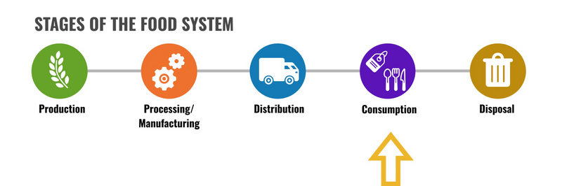 Five stages of the food system. Arrow is pointing to consumption.