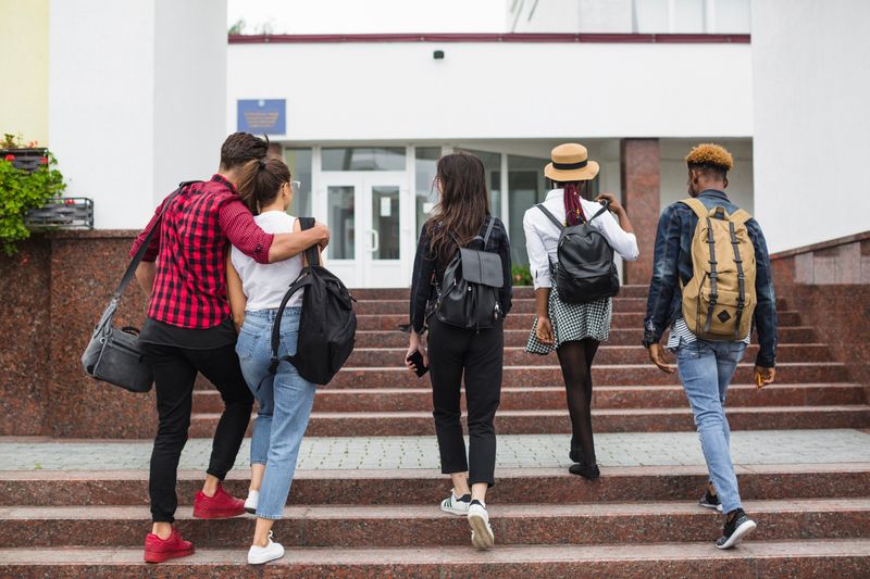 A group of students walking up a set of steps towards a college entrance.