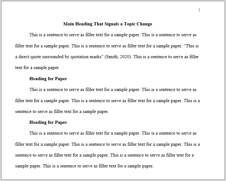 An incorrectly-formatted paper in APA 7 with page number, Level 1 & 2 headings, and filler text (audio description below).