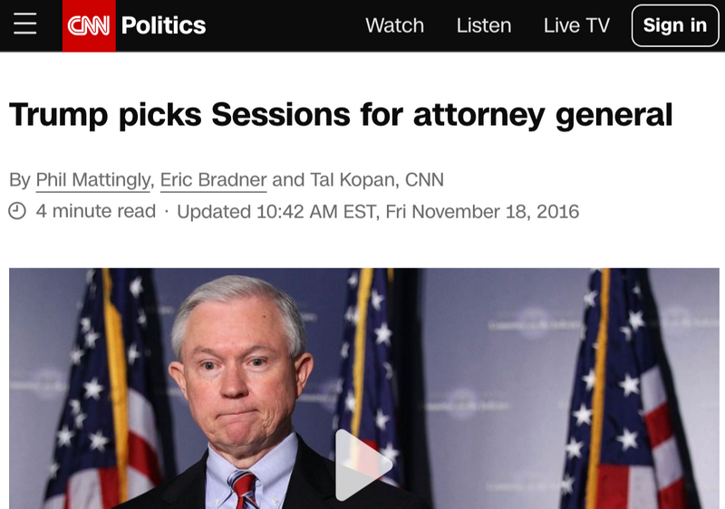 Screenshot of CNN politics headline, 'Trump picks Sessions for attorney general.'