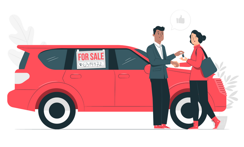 Illustration of a red car being sold to a women in a red shirt by a salesman at a dealership. 