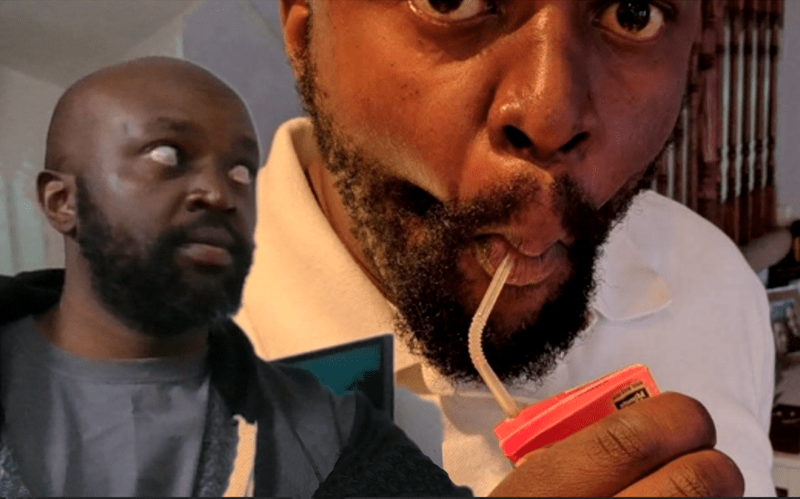 A man with awkward virtual background with himself sucking on a straw from a juice box.