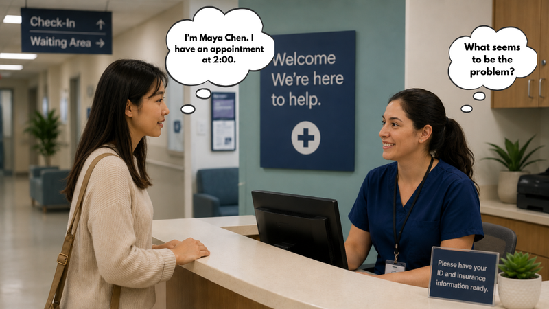 Patient checks in with a smiling receptionist at a clinic check-in desk.