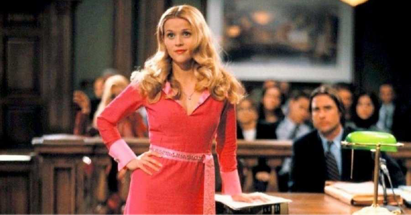 Elle Woods in Legally Blonde standing in court as a law student.