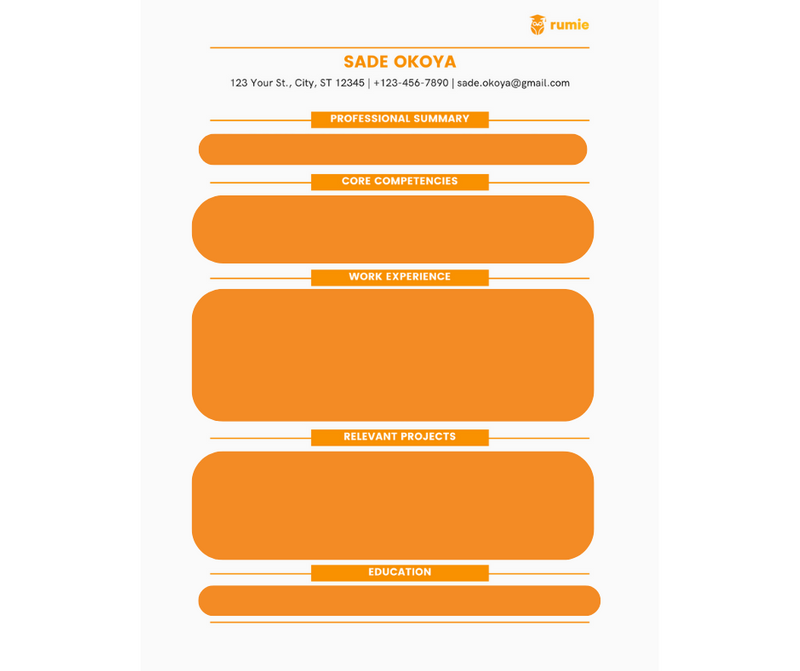 Sade's sample resume with the five essential sections.