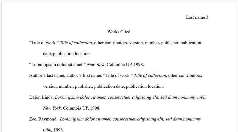 A sample of the works cited page in MLA format.