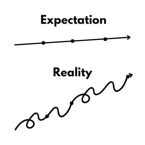 A graph that shows expectation vs. reality. The expectation line goes up gradually but the reality line is much messier.