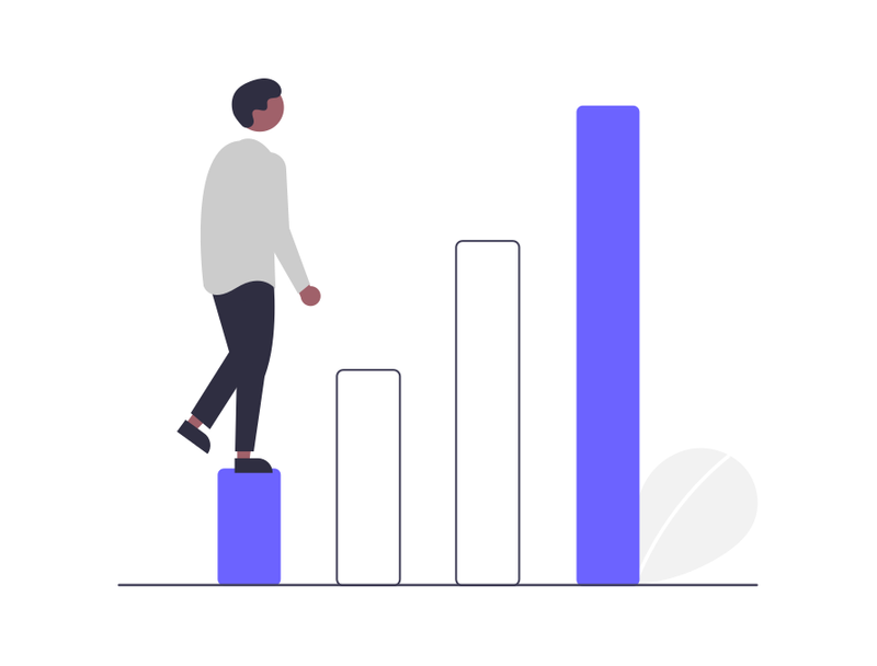 4 column progressive bar graph - Man standing on the first column