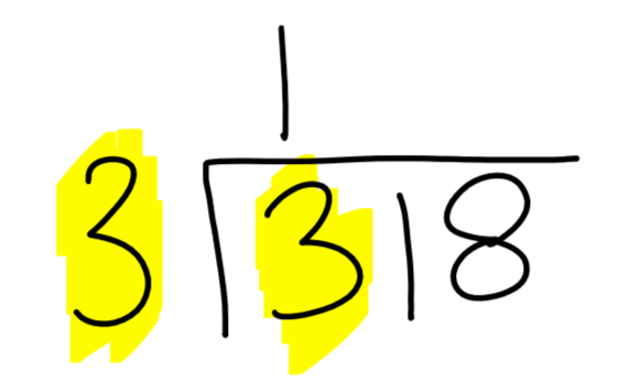 Since the 3 outside the division sign goes into the 3 inside the division once, write 1 on top of the 3 inside the sign.