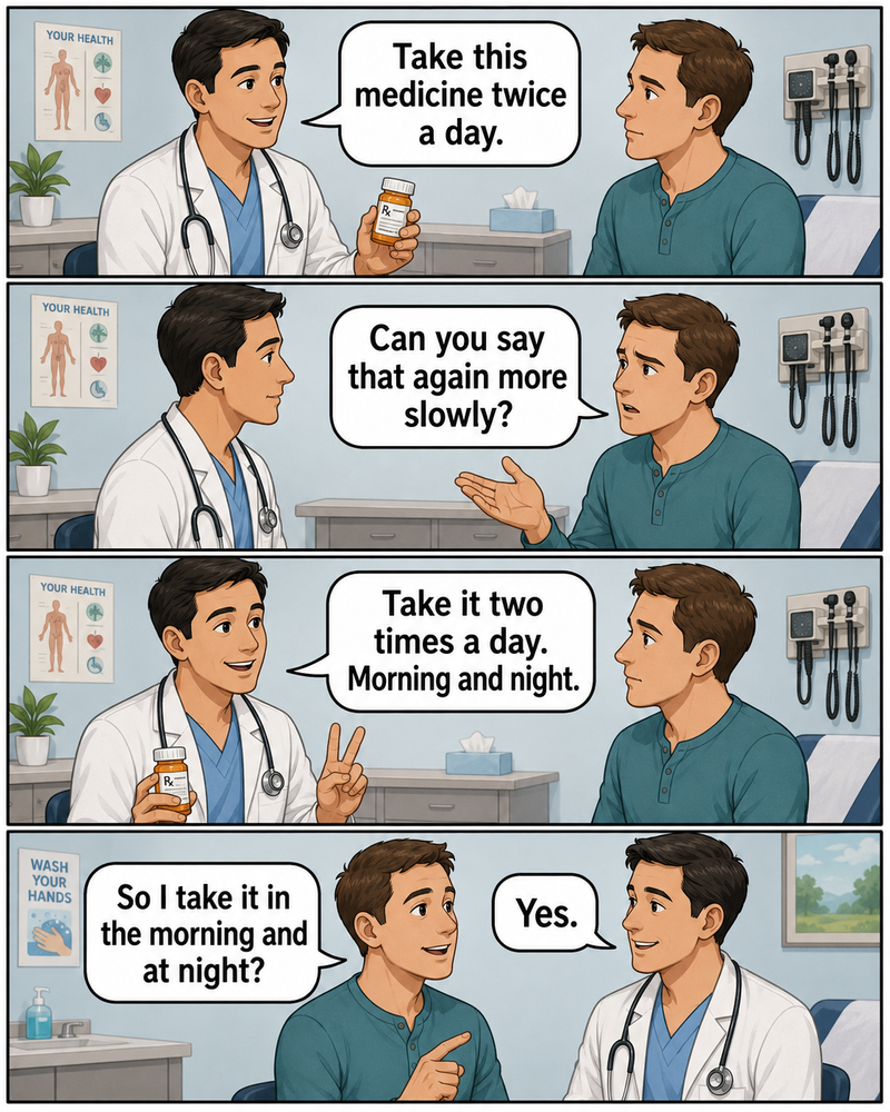 A doctor explains medicine instructions while patient asks them to repeat more slowly.
